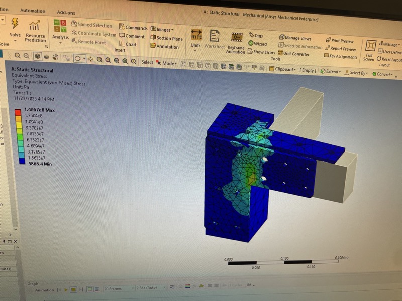 ANSYS static structural result for one frame corner bracket: equivalent (von Mises) stress.