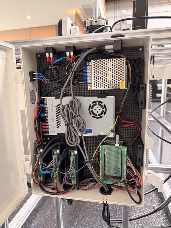 Inside the rig's electronics enclosure: a 36 V power supply, a smaller supply, three motor drivers, and an Arduino Mega on a screw-terminal shield.